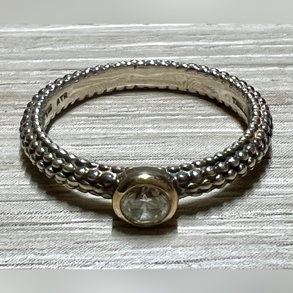 Vintage Designer Signed ATR Sterling Silver & 14K Gold Pebbled CZ Eternity Ring - Picture 2 of 12